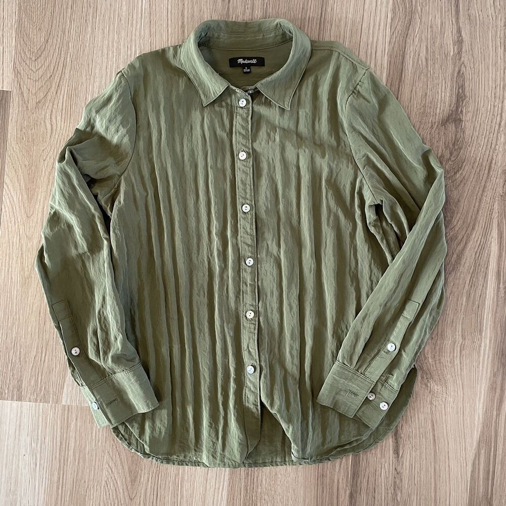 Madewell Womens S Crinkle Button Shirt Desert Olive Green Minimalist Granola 90s